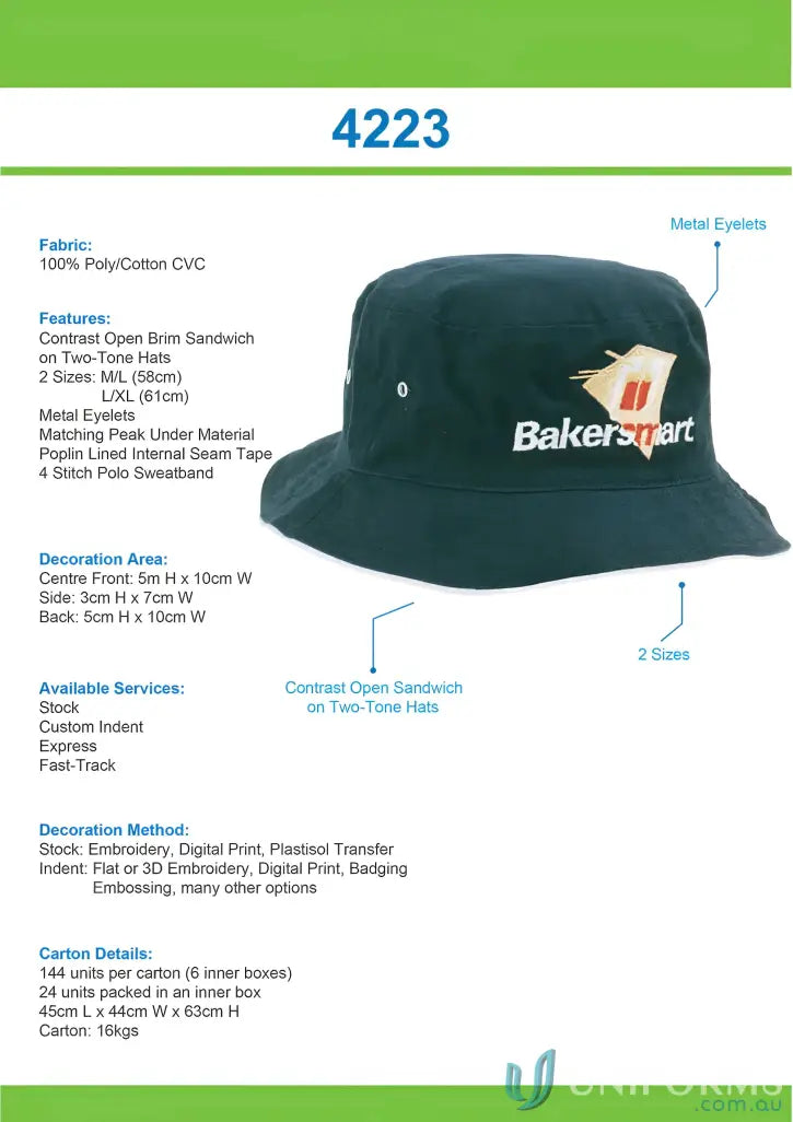 Dark green bucket hat from East Malvern ELC range of stock with wide centimeter style
