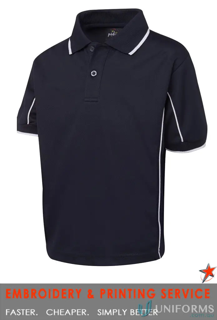 Kids navy polo shirt with white trim from East Malvern ELC work uniforms