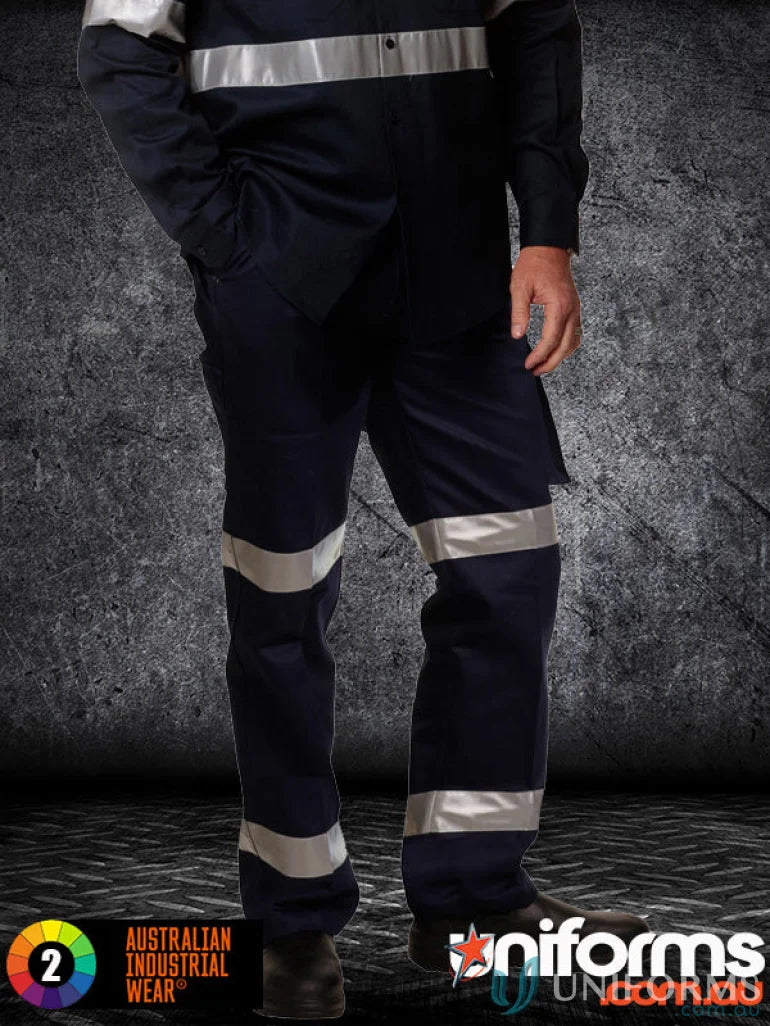 Navy blue Eldarin 3M taped drill work pants with reflective stripes for work uniforms