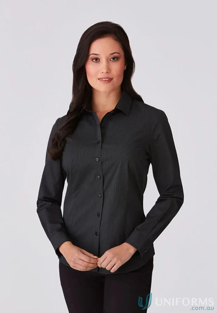 Woman in dark gray LS shirt with natural stretch, perfect for uniforms and workwear