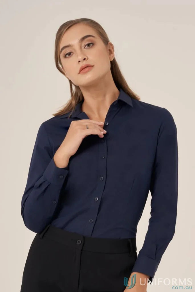 Expresso Ladies LS Shirt in dark blue with natural stretch, perfect for uniforms or workwear