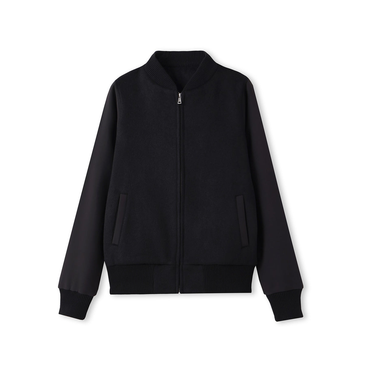 Black varsity wool blend ladies jacket with zip-up front ribbed cuffs and pockets perfect for workwear uniforms