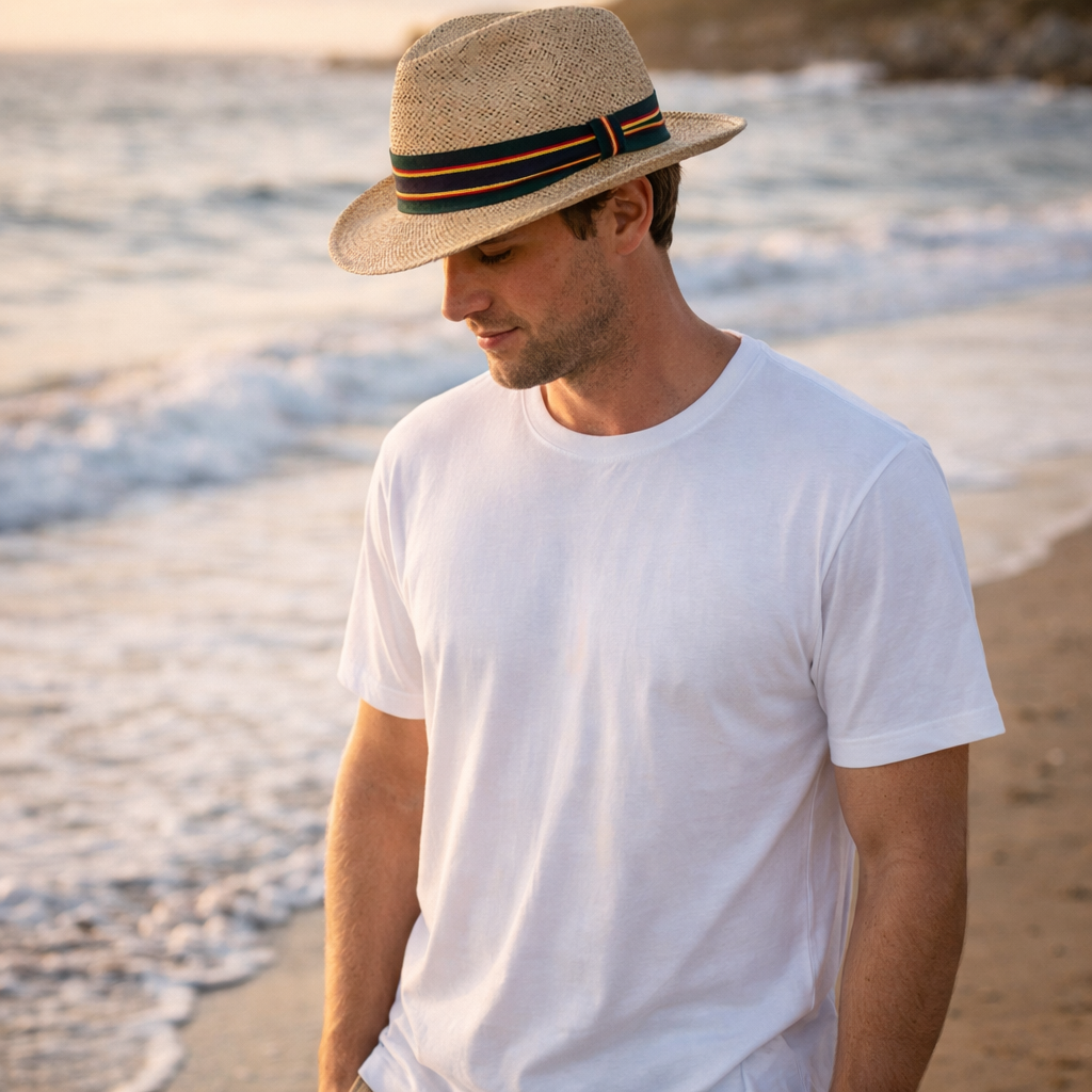 Light beige Fedora Style String Straw fedora with navy orange green striped band