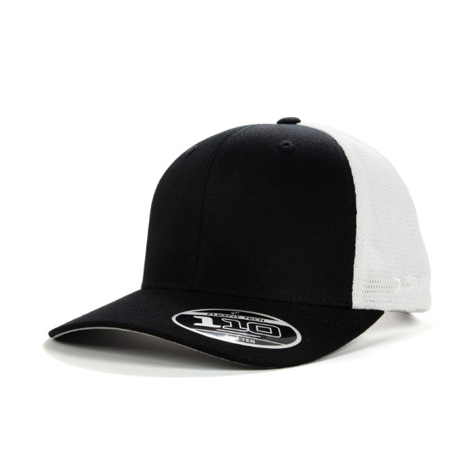 Flexfit mesh back trucker cap in black and white for workwear branding