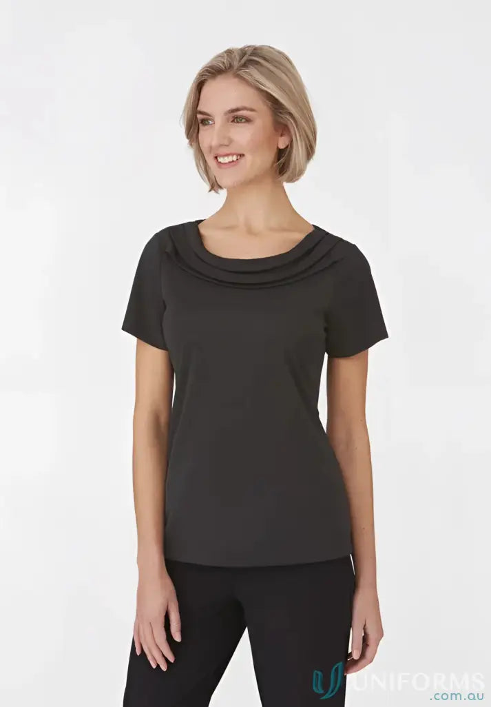 Eva Knit style women’s dark gray short-sleeve cowl neck top from FMIG EMB collection