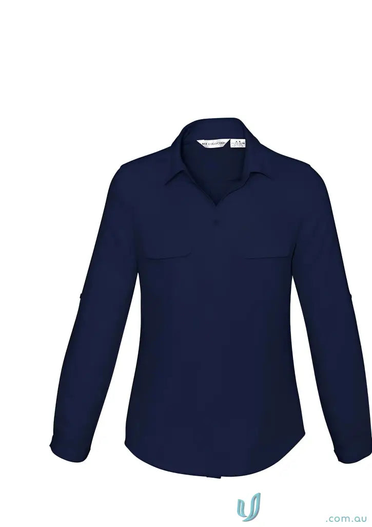 Navy blue FMIG EMb Ladies LS Blouse with mechanical stretch, perfect for work uniforms