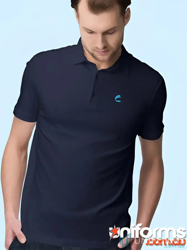 Man in navy blue FMIG EMB Mens Polo with pique knit collar and light blue logo