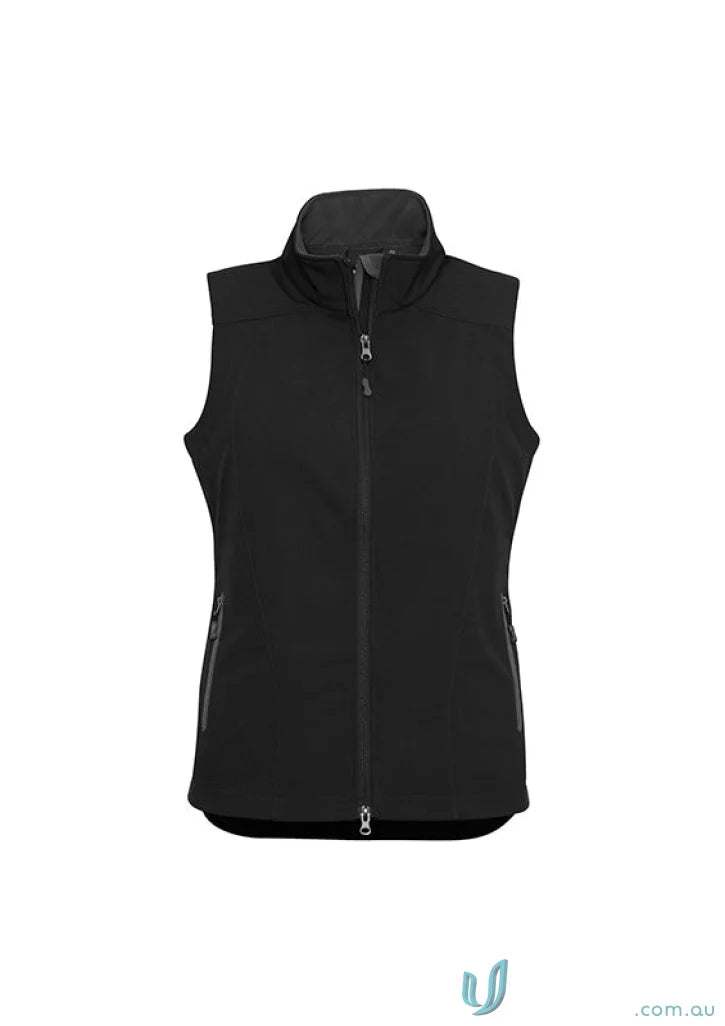 Black ladies softshell vest with modern flattering fit, perfect for work uniforms