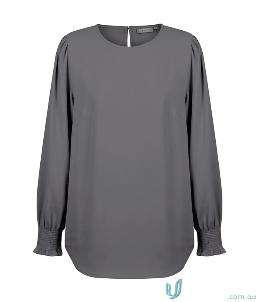 Gray long-sleeved blouse with smocked cuffs from Freya Shirred Cuff Soft Top in luxe twill
