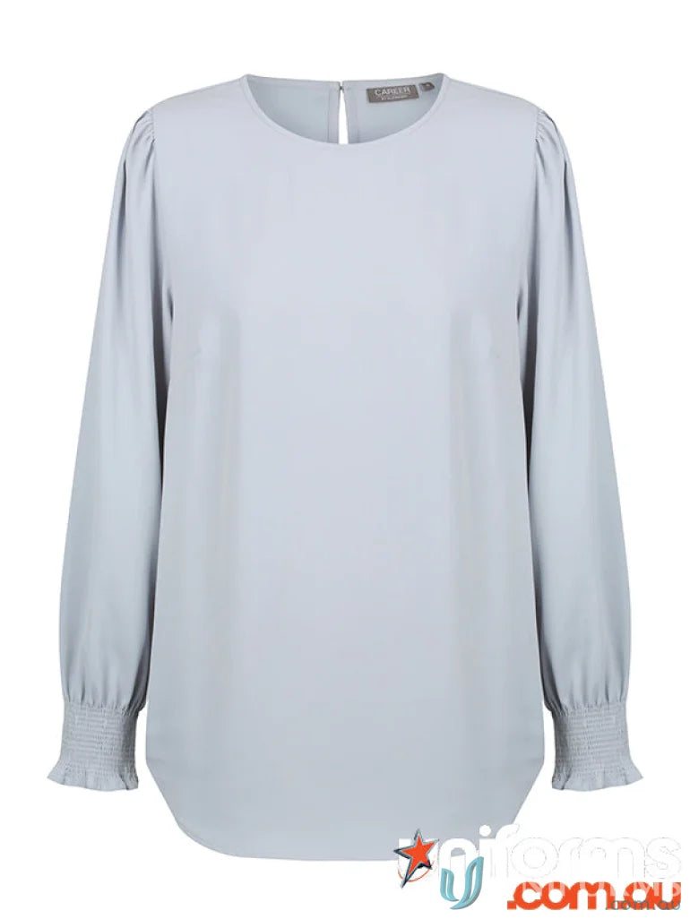 Light blue Freya Shirred Cuff Soft Top in luxe twill fabric for a chic look