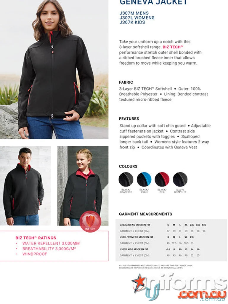Geneva jacket product ad featuring Geneva Softshell Jacket with biz tech J307M branding