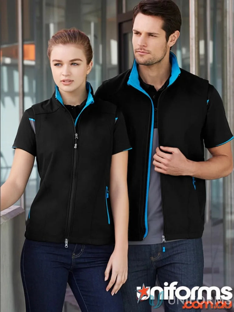 Geneva Softshell Vest from J404M Collection Mens with matching black vest and blue trim