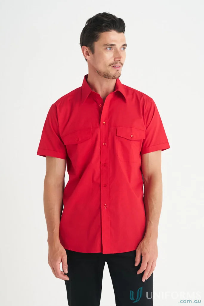 Red short-sleeve button-down shirt perfect for workwear and uniforms at Harley SS Shirt