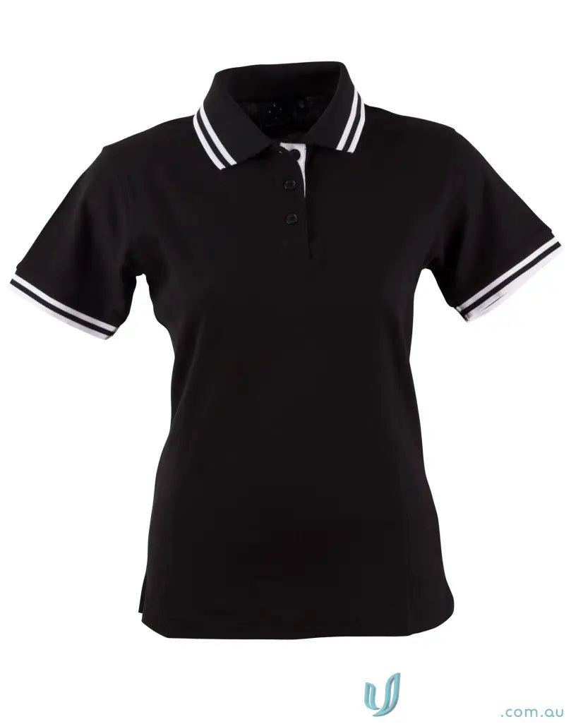 Black women’s polo shirt with white striped collar and cuffs from Heart Foundation EMB polo ps66 featuring truedry pique fabric