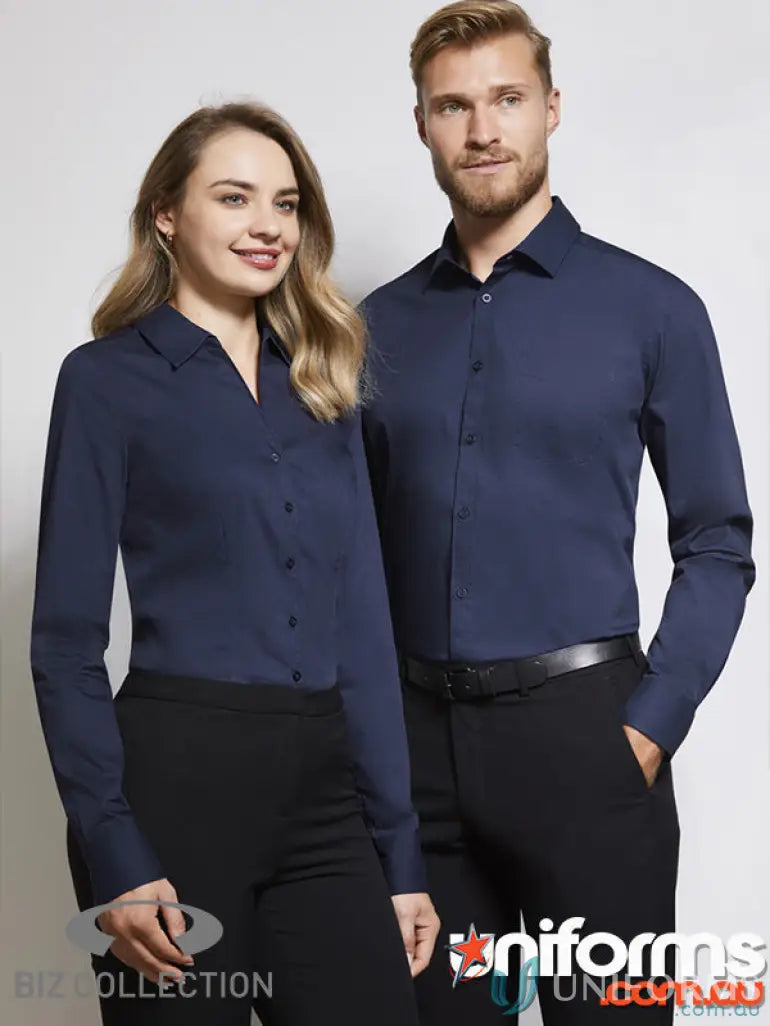 Two guys modeling matching navy blue monaco ls shirt and black pants from Biz Collection Monaco