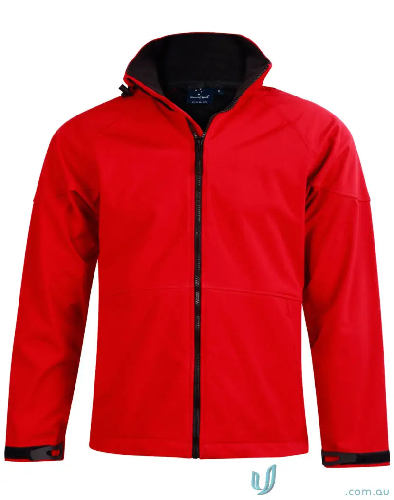 Red jk33 Aspen Softshell Hood Jacket with black collar and zipper, four-way stretch softshell style