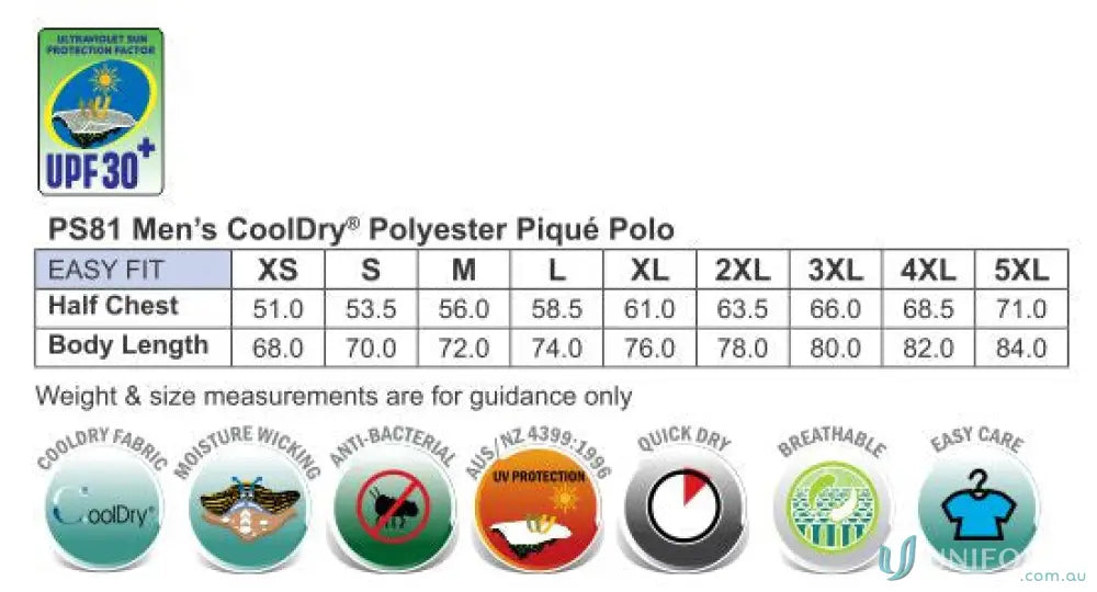 Sizing chart and features for Heart Foundation EMBx2 men’s CoolDry polyester polo with flat knitted collar