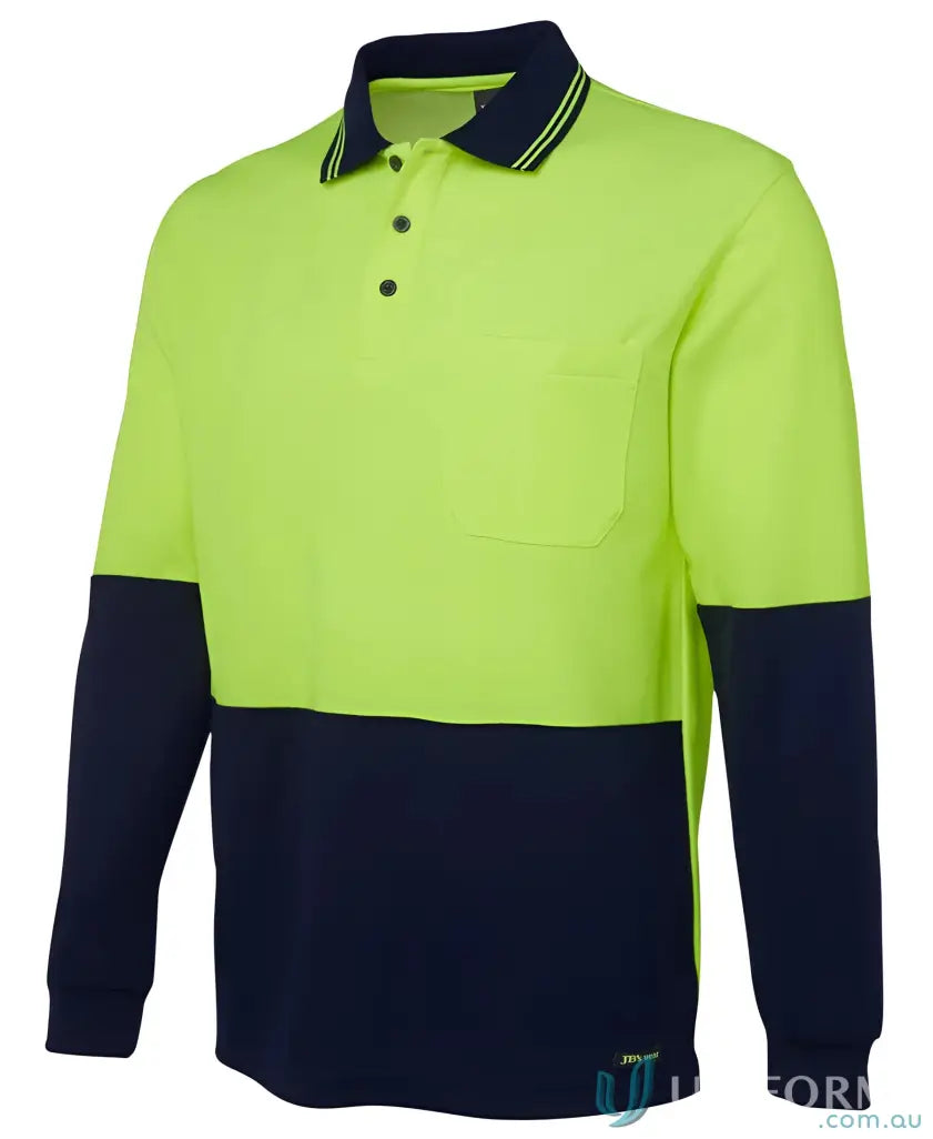 Mens HiVis LS Cotton Back Polo in lime green and navy blue workwear uniforms