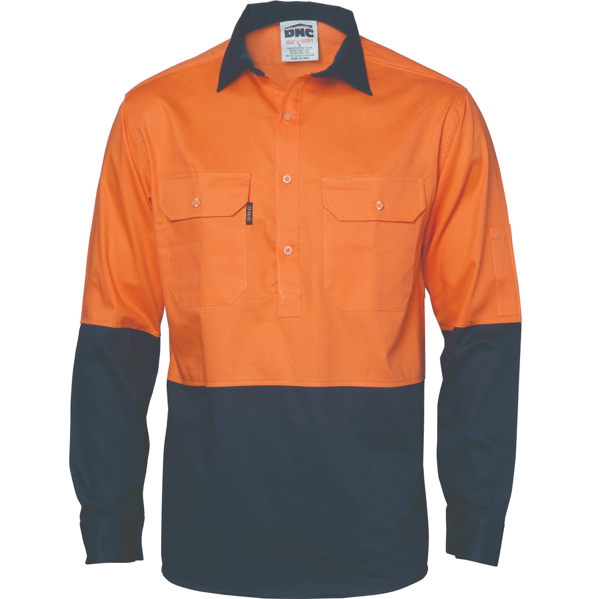 HiVis two tone cotton drill shirt in orange/navy with metal buttons