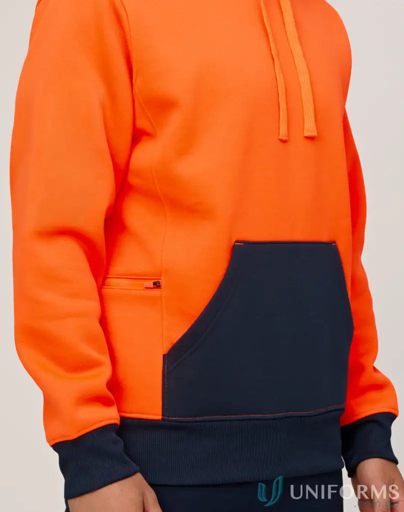 HiVis Water Resistant Fleece Hoodie SW91 with orange and navy blue design and pockets