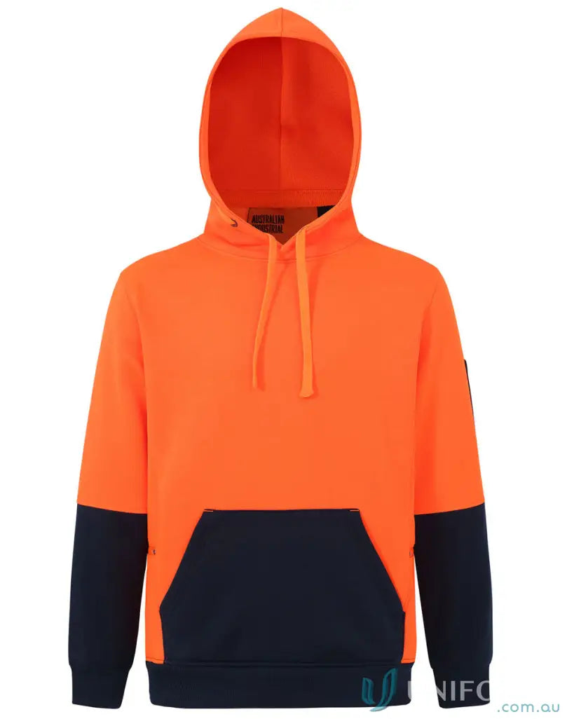 Orange and navy HiVis Water Resistant Fleece Hoodie SW91 with kangaroo pocket