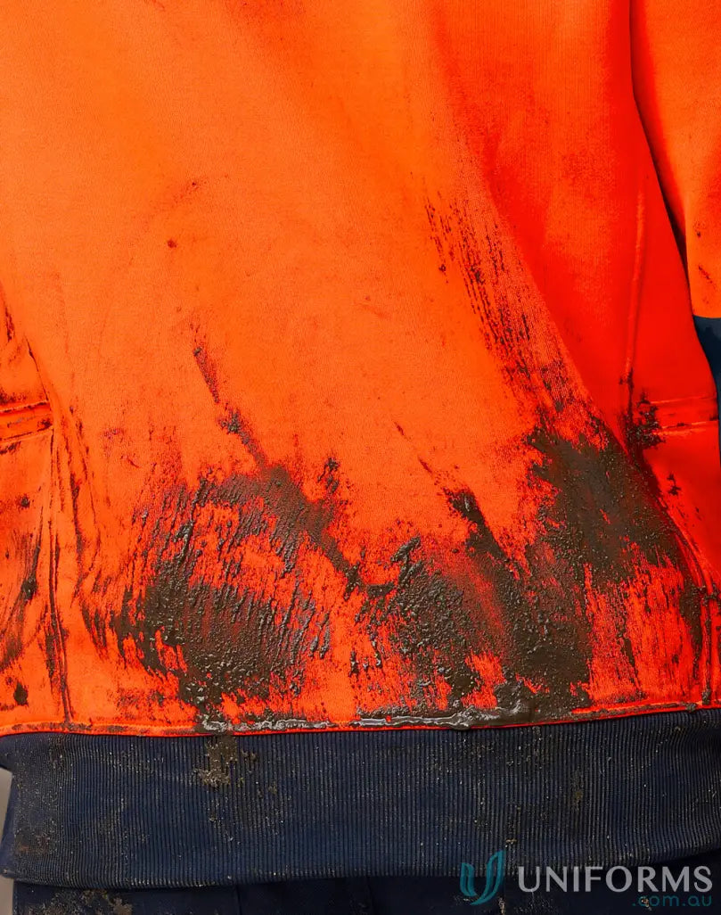 Orange HiVis Water Resistant Fleece Hoodie SW91 with muddy stains on the front