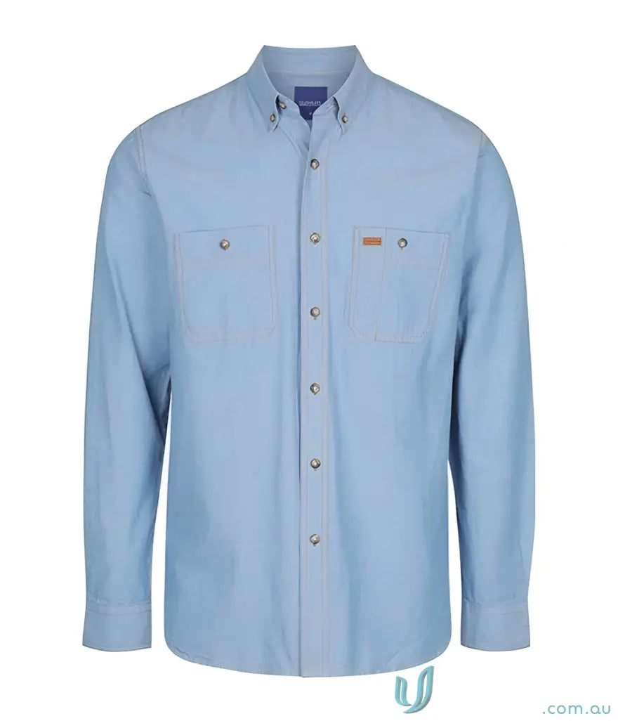 Light blue industrial chambray long sleeve shirt for work environments