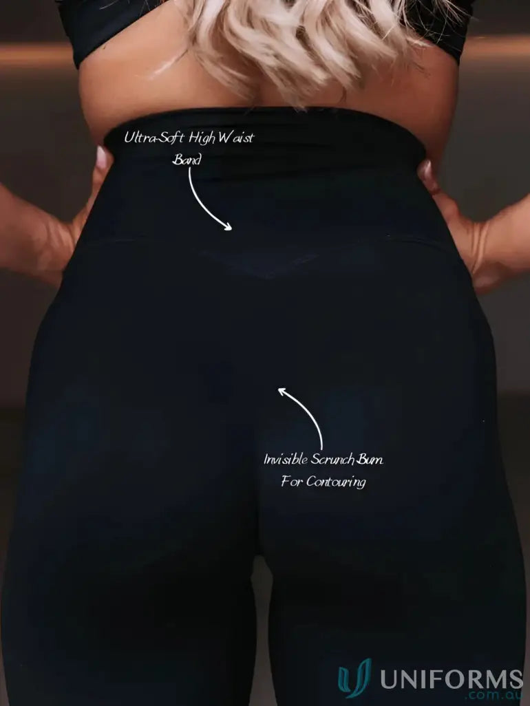 Black high-waisted invisible scrunch riviera leggings with ultra-soft waistband perfect for workwear uniforms