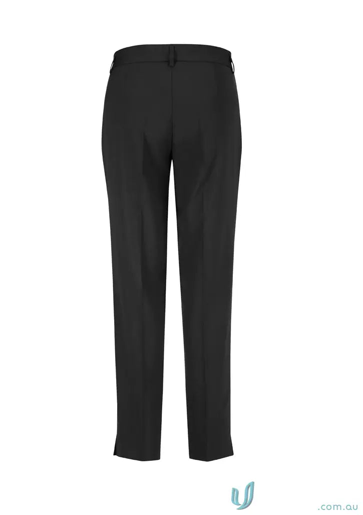 Black wool stretch slim leg pant with flat front and subtle split hem for comfy style