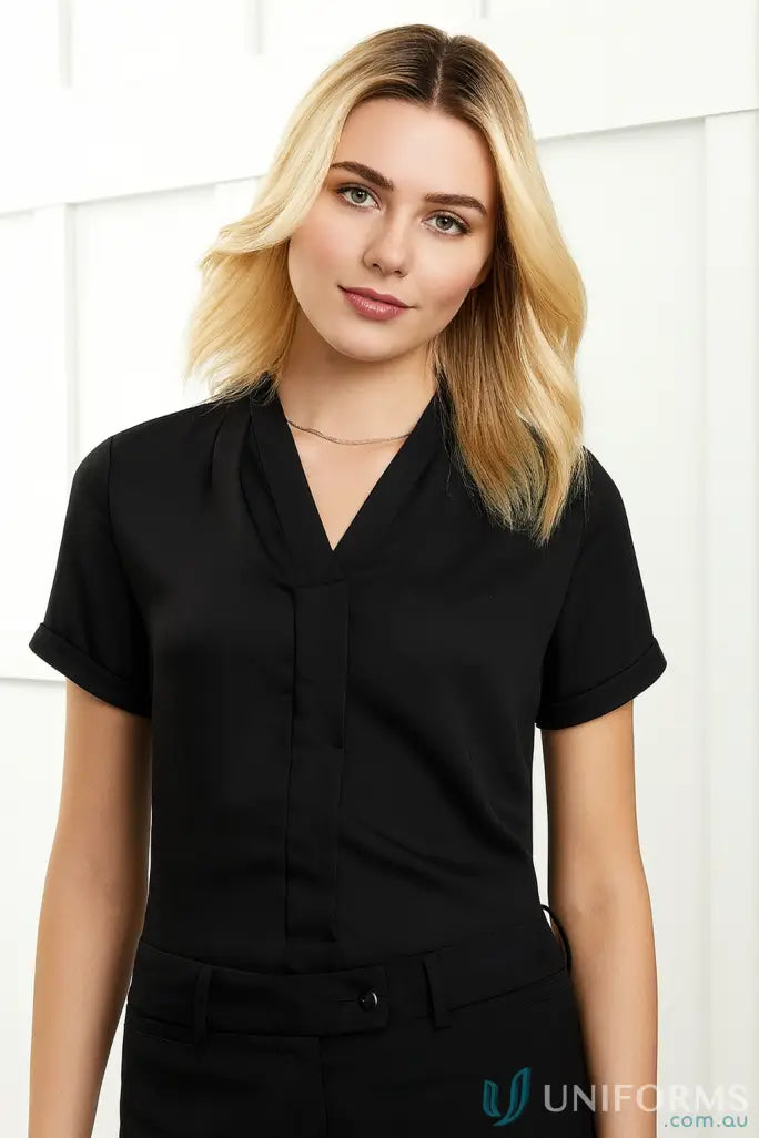 Madison short sleeve black V-neck top from Biz Collection Madison, discreet secret button