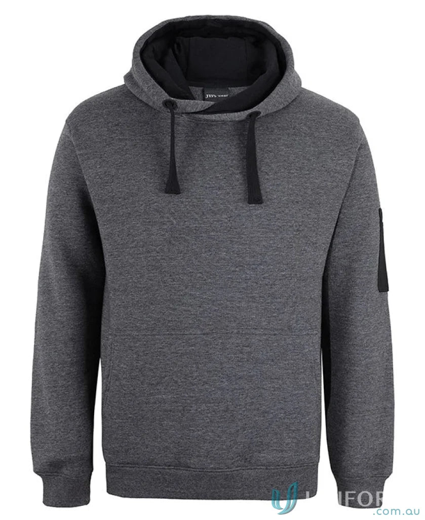Gray JB’S 350GSM Trade Hoodie with black accents, perfect fit for casual wear