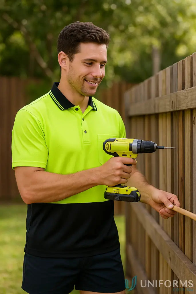 Man in JBs Breathable Jacquard SS Polo with fabric uniforms holding a drill smiling outdoors