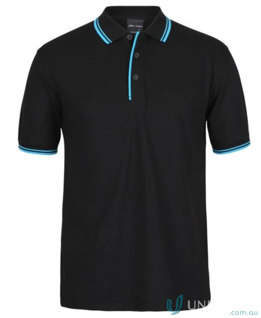 Black JBs Contrast Polo with blue trim made from pique knit fabric and sun protection