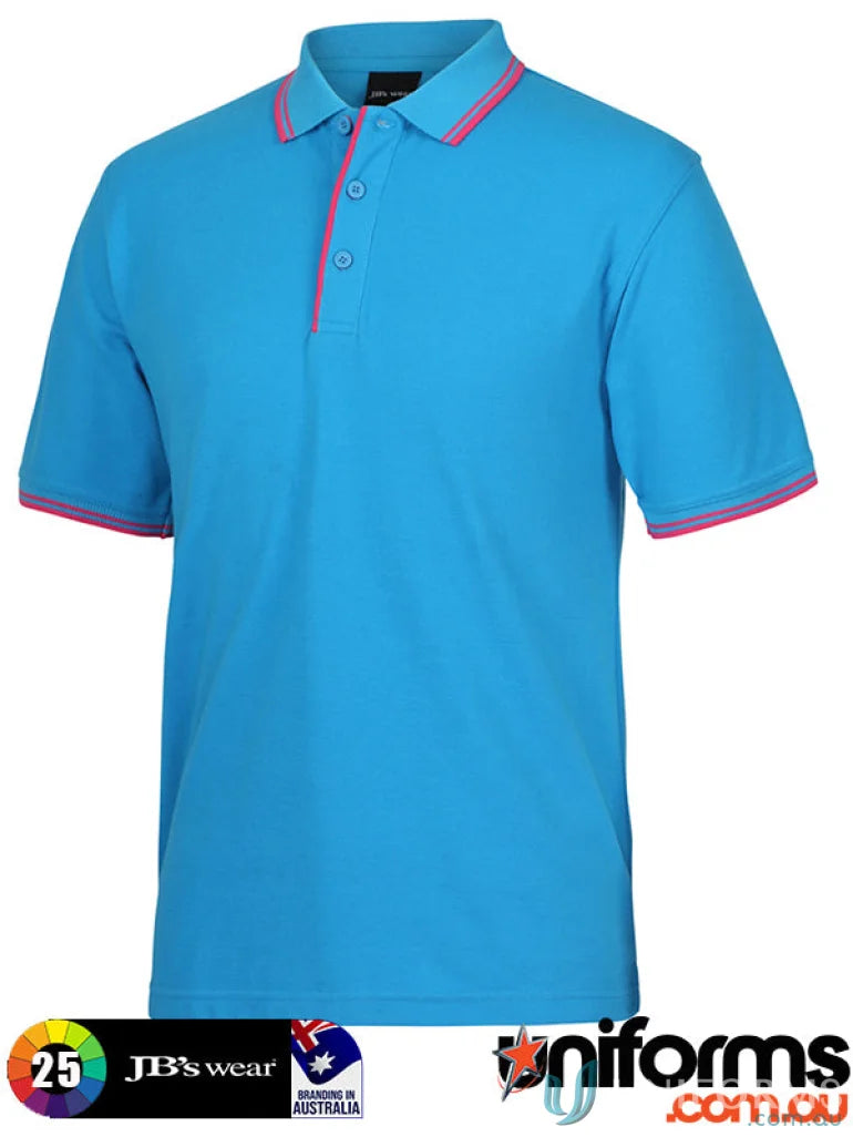 Blue JBs Contrast Polo with pink trim, made of pique knit fabric for sun protection