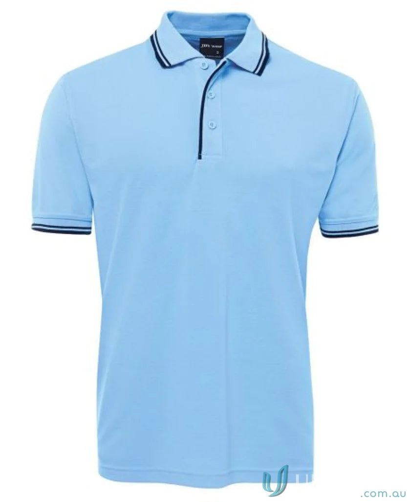 Light blue JBs Contrast Polo with dark trim in pique knit fabric perfect for sun protection