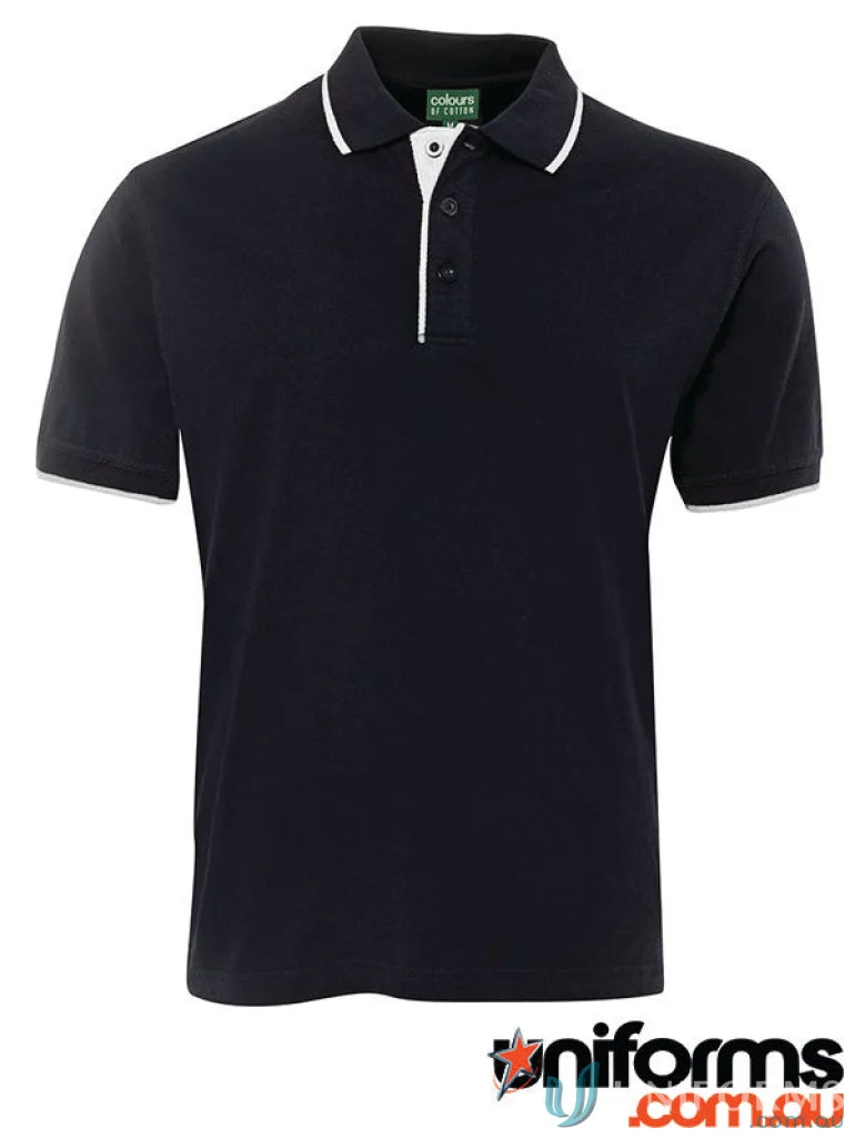Black JBs Cotton Tipping Polo shirt with white trim, great for UPF protection