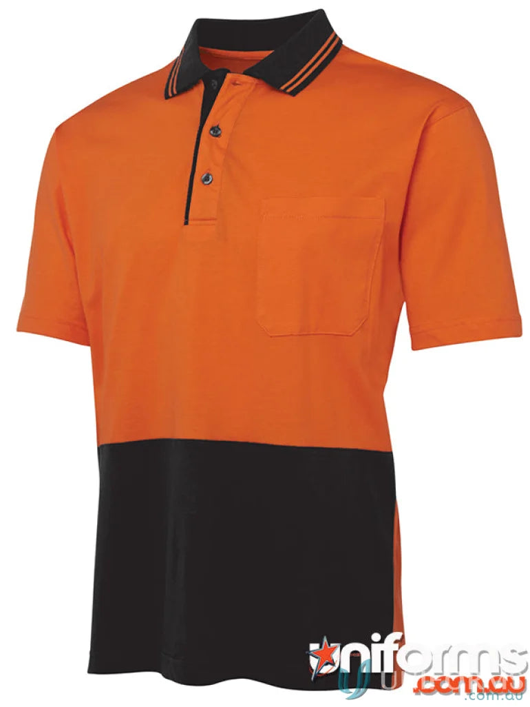 Orange and black short-sleeved polo shirt from JBS Hi Vis S/S Cotton Polo, perfect workwear and uniforms