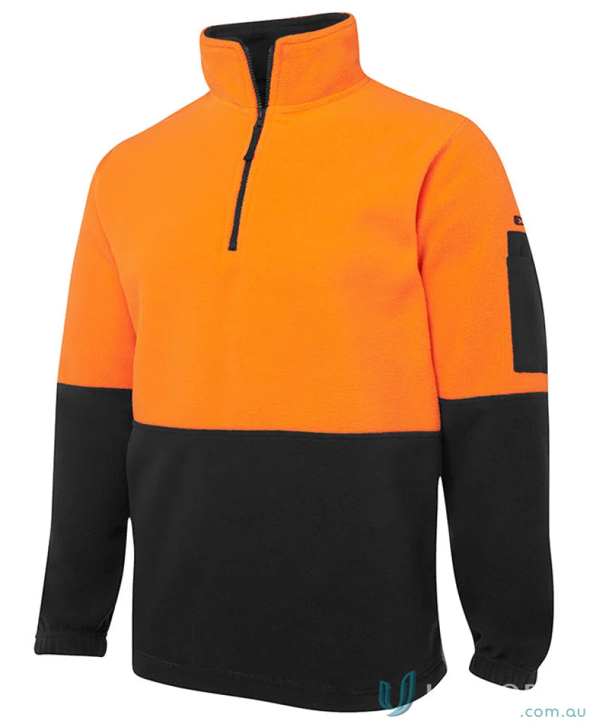 Orange and black quarter-zip fleece pullover from JBs HiVis Half Zip Polar Jumper, great for uniforms