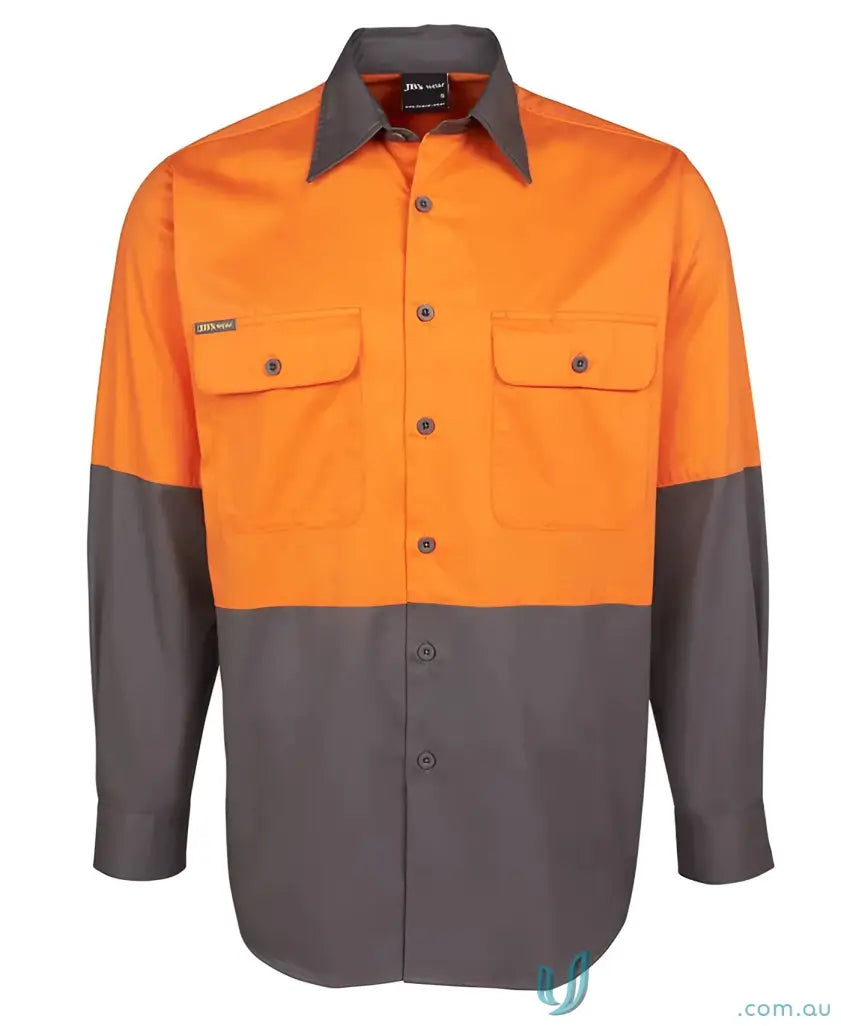 Orange and gray JBs HiVis LS Light Work Shirt with collar, perfect for 9XL uniforms
