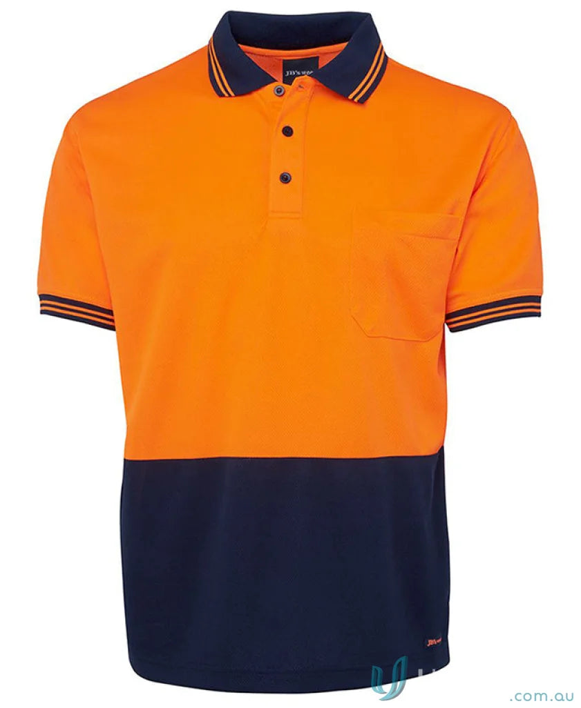 Two-tone orange and navy fabric polo shirt in JBs HiVis S/S Traditional Polo, size 2XS with lime accents