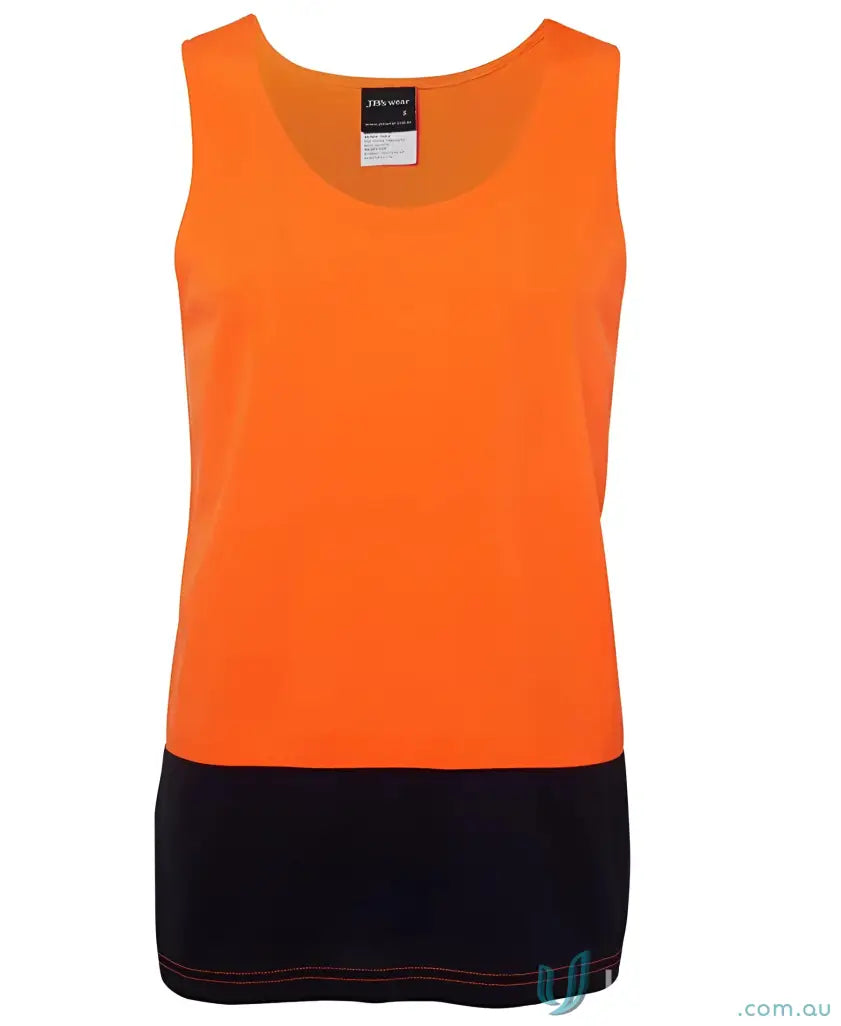 Orange and black JBs HiVis Singlet sleeveless shirt for work uniforms meeting Australian safety standards