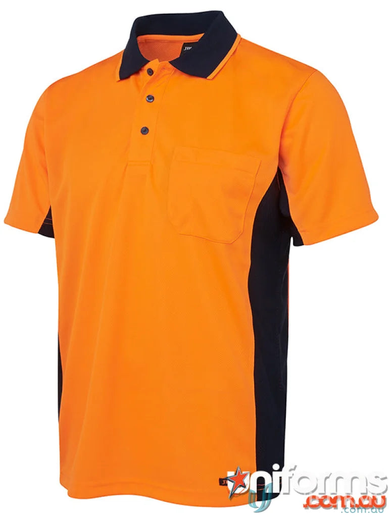 Orange and navy JBS HiVis Sport Polo shirt made from comfy fabric, perfect for workwear or uniforms
