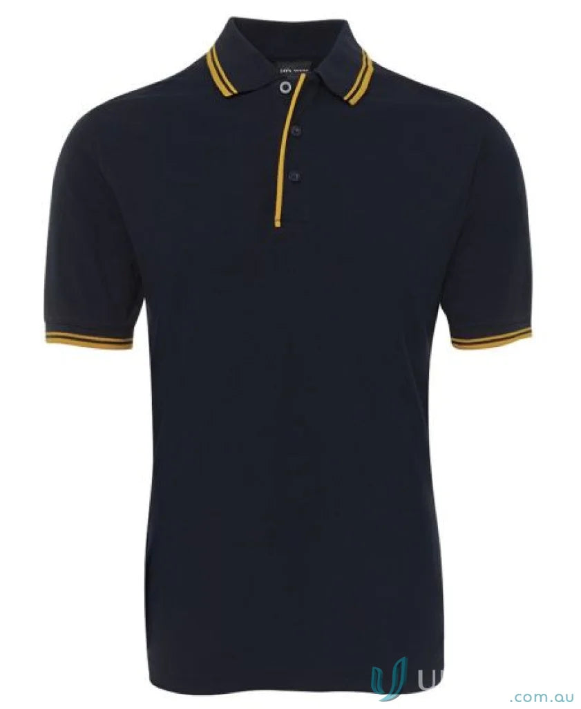 Kids contrast polo navy with yellow trim from JB’s Kids Contrast Polo collection featuring reinforced herringbone tape