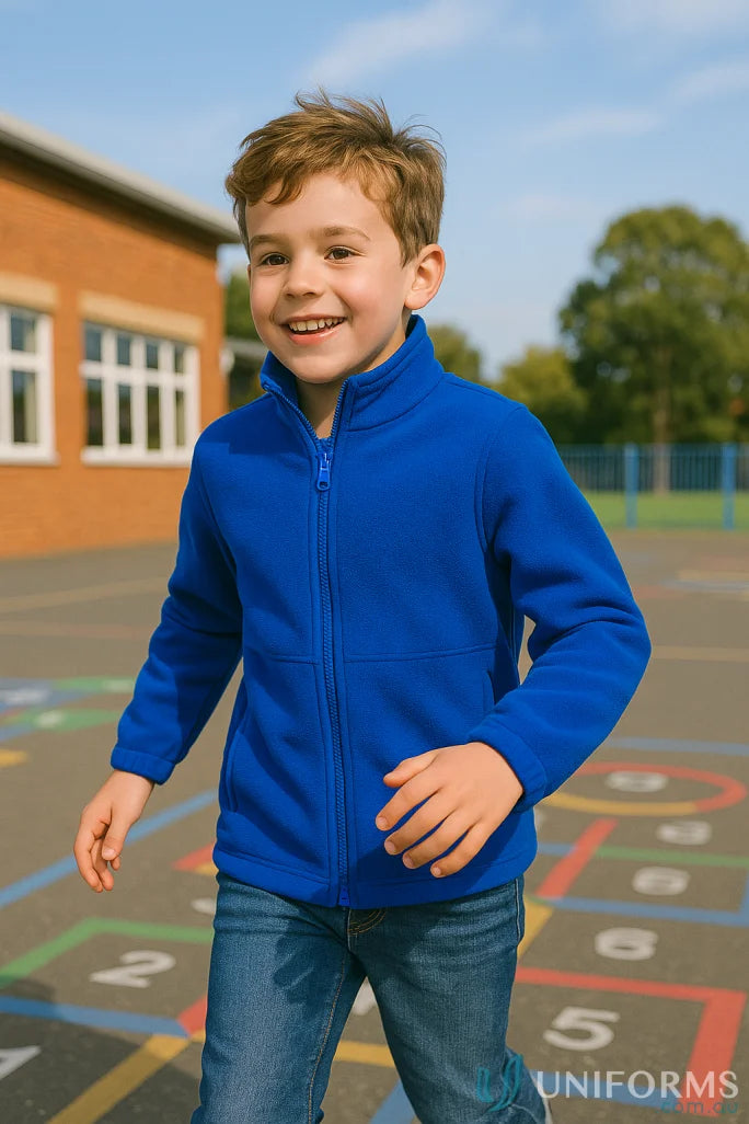 Child wearing JBs Kids Full Zip Polar jacket in low-pill polar fleece style