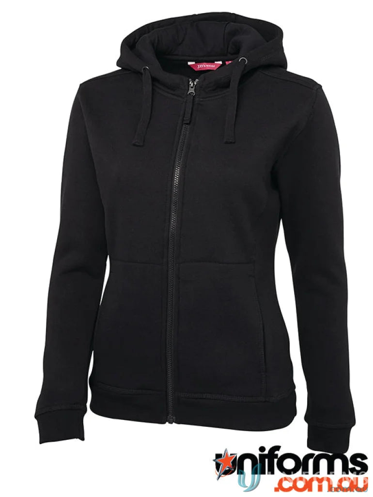 Black zip fleecy hoodie from JBs Ladies with a fully lined hood and zip-up style