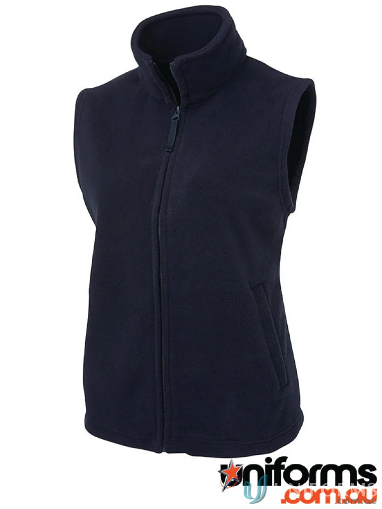 Dark blue JBs Ladies Polar Vest with full zip, side pockets, made of 290gsm low-pill polar fleece