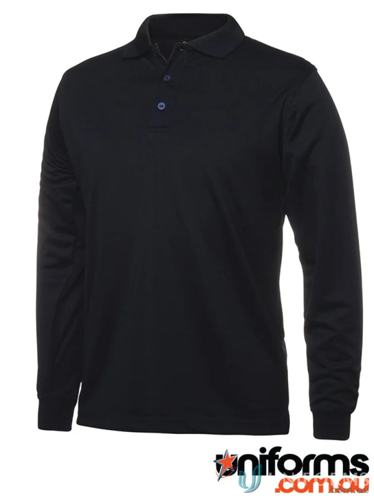 Black JBs Podium Adults long-sleeved poly polo shirt in micro-knit fabric UPF 7Spl