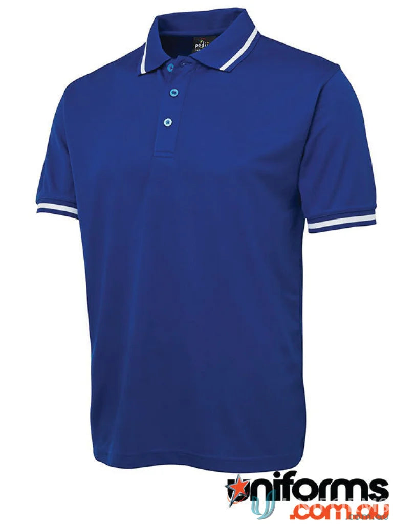 JBs Podium Bold Polo shirt in blue with white trim, made from podium cool quick-drying fabric
