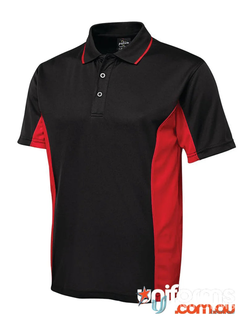 JBs Podium Contrast Polo showing black and red colors with Podium Cool moisture-wicking fabric