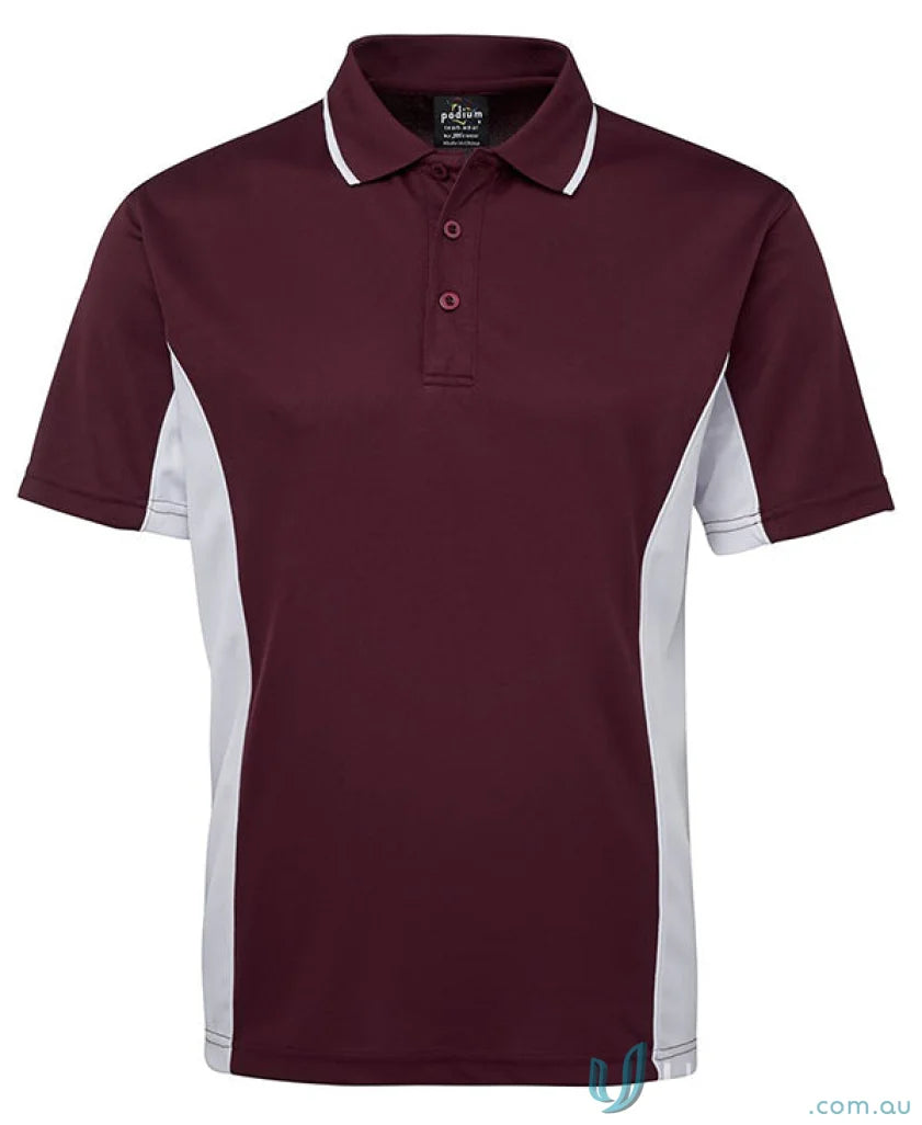 Maroon and white JBs Podium Contrast Polo with Podium Cool moisture-wicking tech
